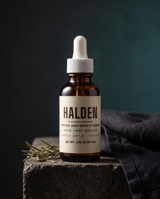 Halden Peptide Hair Growth Serum bottle on dark concrete with rosemary, moody scene