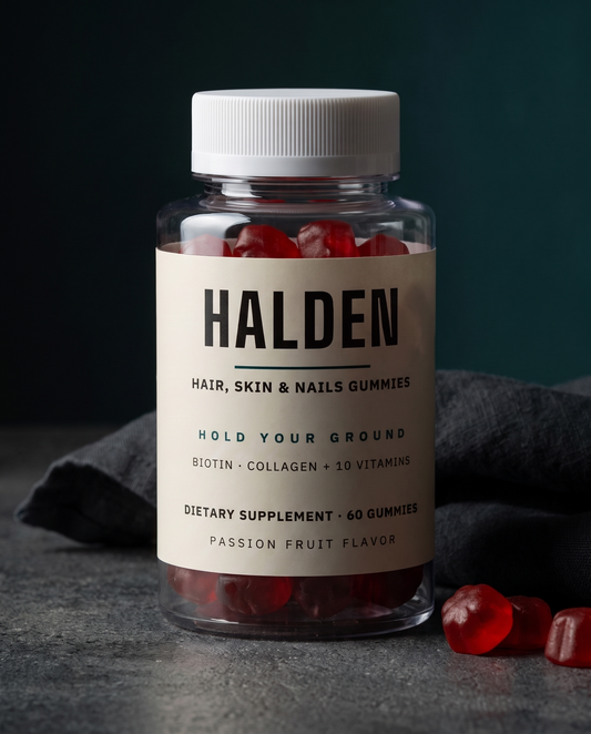 Halden Hair, Skin & Nails Gummies bottle on dark concrete with loose gummies, moody scene